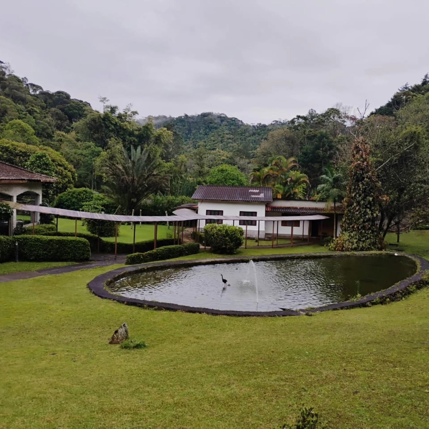 Lago ornamental com jardins e construções ao redor